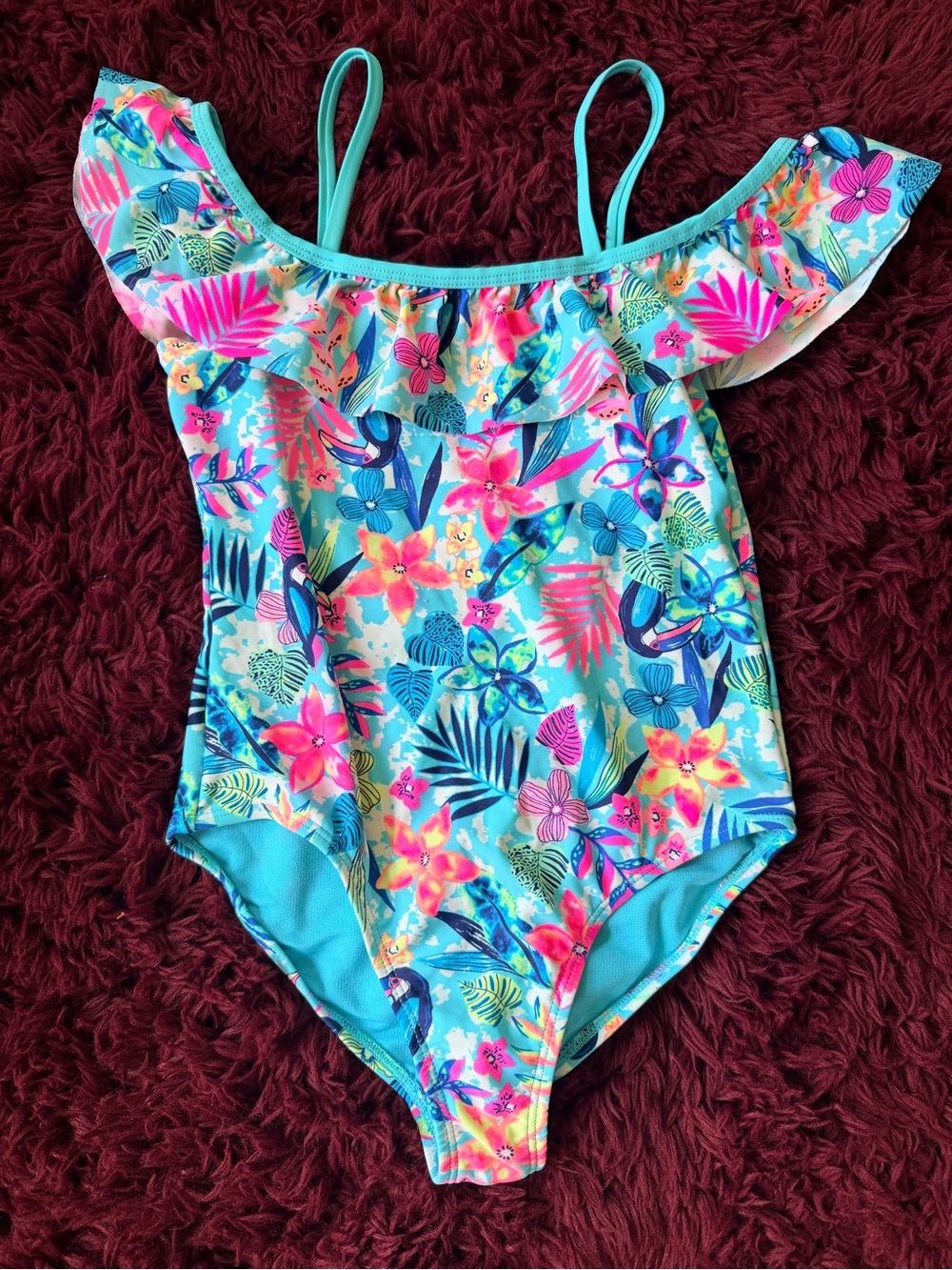 Xhilaration Girls Turquoise Pink Floral Ruffle One-Piece Swimsuit